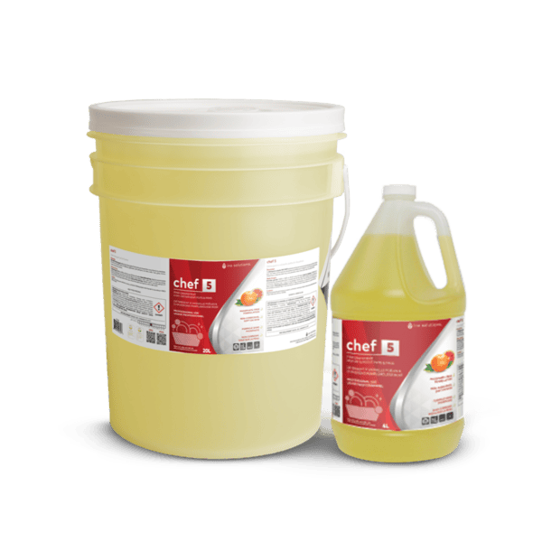 INO CHEF 5 - Dish Detergent in a refreshing Pink Grapefruit scent,  this super-concentrated dish detergent is designed to tackle the toughest food stains with ease while being gentle on your hands.