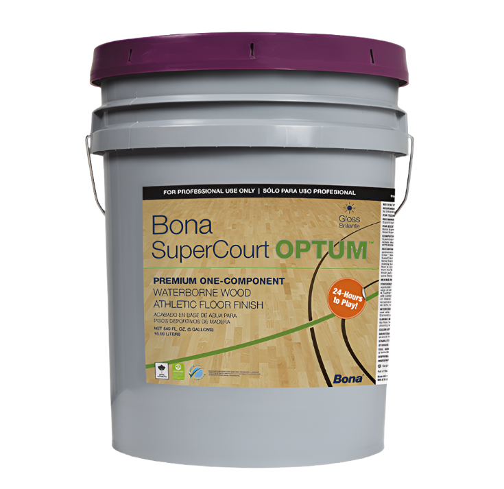 Bona SuperCourt OPTUM, the premium 1-component waterborne athletic wood floor finish. Engineered for superior performance, this finish offers unmatched scuff, scratch, and chemical resistance at full cure. Its exceptional build ensures excellent flow and leveling, making it the top choice for sports facilities.