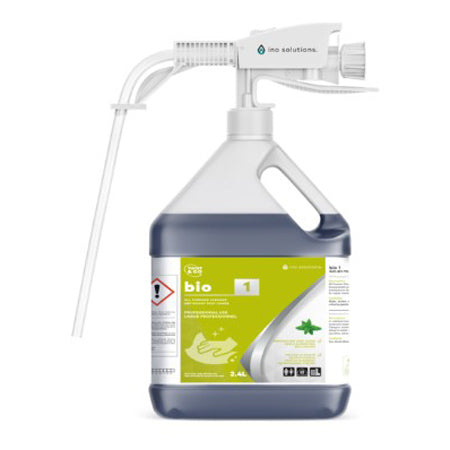 INO BIO 1 is a biotechnological all-purpose cleaner designed to quickly clean and deeply degrease a variety of surfaces, including stainless steel, ceramic tiles, melamine, polymers, wood, glass, mirrors, granite, and marble.