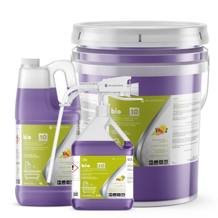 INO BIO 10 offers a biotechnological, scrub-free solution for effectively removing soap scum and scale residues from bathtubs, showers, toilet bowls, and urinals