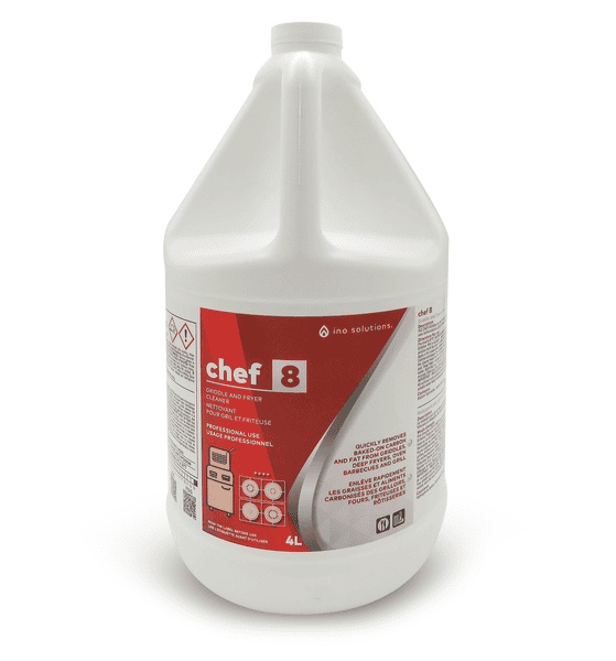 INO CHEF 8 - Griddle and Fryer Cleaner, your ultimate solution for maintaining pristine kitchen equipment. This highly effective cleaner is expertly formulated to tackle tough baked-on carbon from griddles, fryers, and ovens.