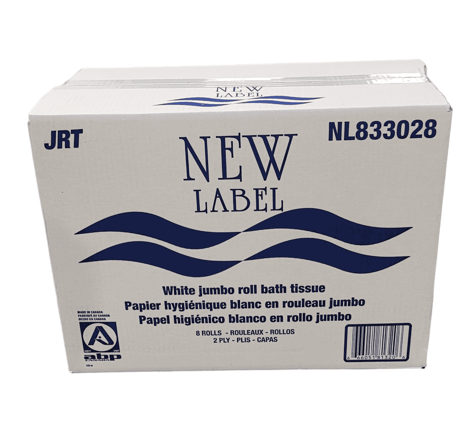 New Label ABP: White 2-Ply Jumbo Bathroom Tissue - Box of 8 Rolls 8lbs