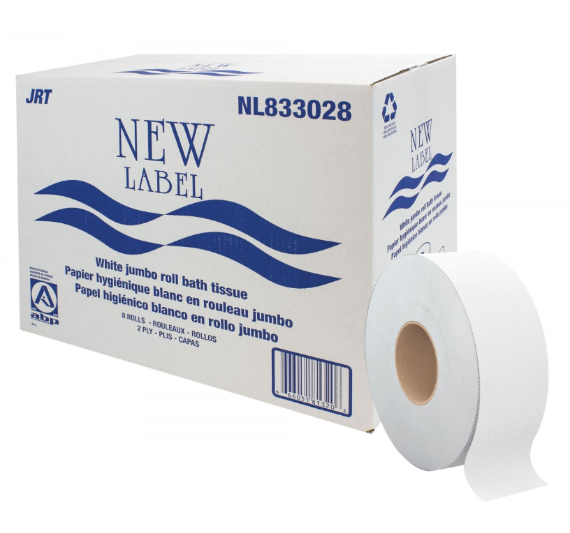 New Label ABP: White 2-Ply Jumbo Bathroom Tissue - Box of 8 Rolls 8lbs