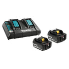 Makita 18V Li-Ion Battery & Dual-Port Rapid Charger Kit. This comprehensive kit includes two 18V (5.0 Ah) Li-Ion batteries (BL1850B) and a Dual-Port Rapid Charger (DC18RD), designed to keep your tools running without interruption.