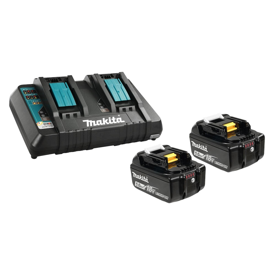 Makita 18V Li-Ion Battery & Dual-Port Rapid Charger Kit. This comprehensive kit includes two 18V (5.0 Ah) Li-Ion batteries (BL1850B) and a Dual-Port Rapid Charger (DC18RD), designed to keep your tools running without interruption.